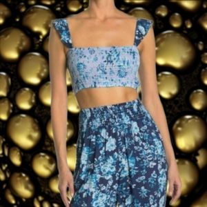 NANETTE LEPORE Suzie Blue Ruched Crop Top Floral Ruffled XS